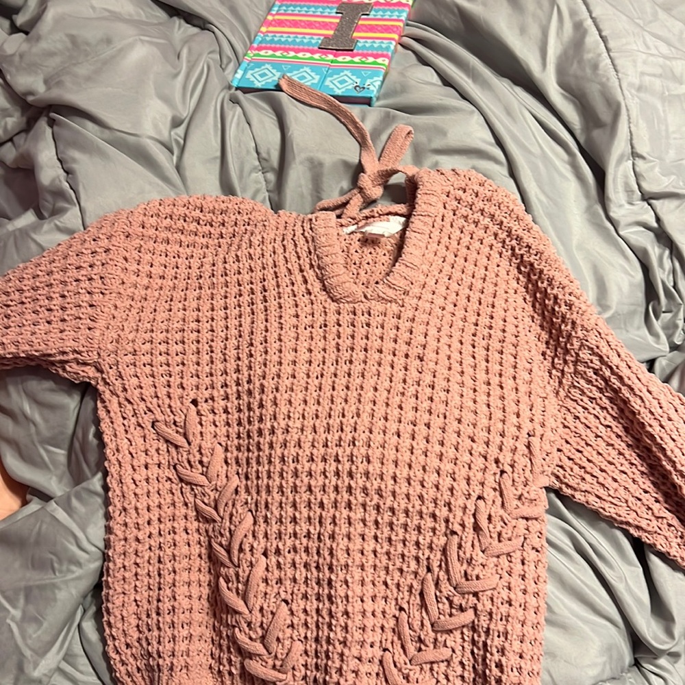 light pink sweater! has hood. and really comfy!!